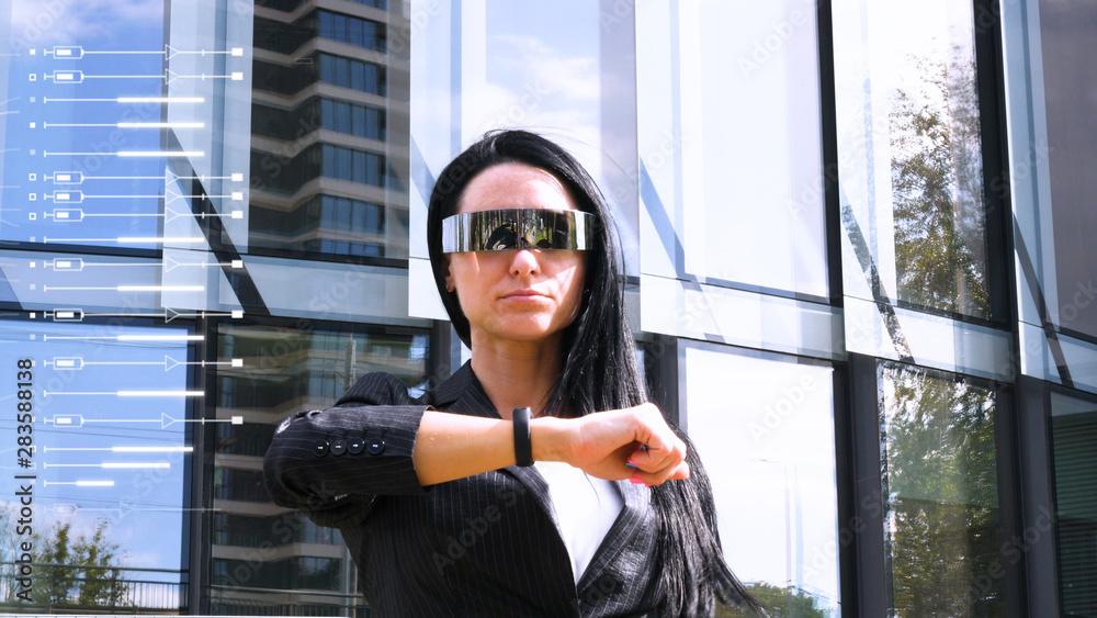 Innovation, technology and user concept. Woman using smart watch with digital business interface. Innovation, technology and user concept. 3D Rendering Innovation, technology and user concept. Woman using smart watch with digital business interface. Innovation, technology and user concept. 3D Rendering