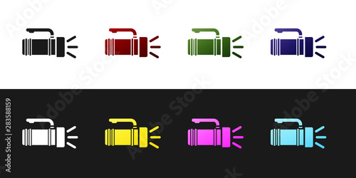 Set Flashlight icon isolated on black and white background. Tourist flashlight handle. Vector Illustration