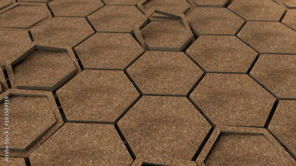 3D rendering of dozens of wooden hexagons in wooden frames. Geometric shapes are placed in different positions. Abstract desktop background, geometric style background image.