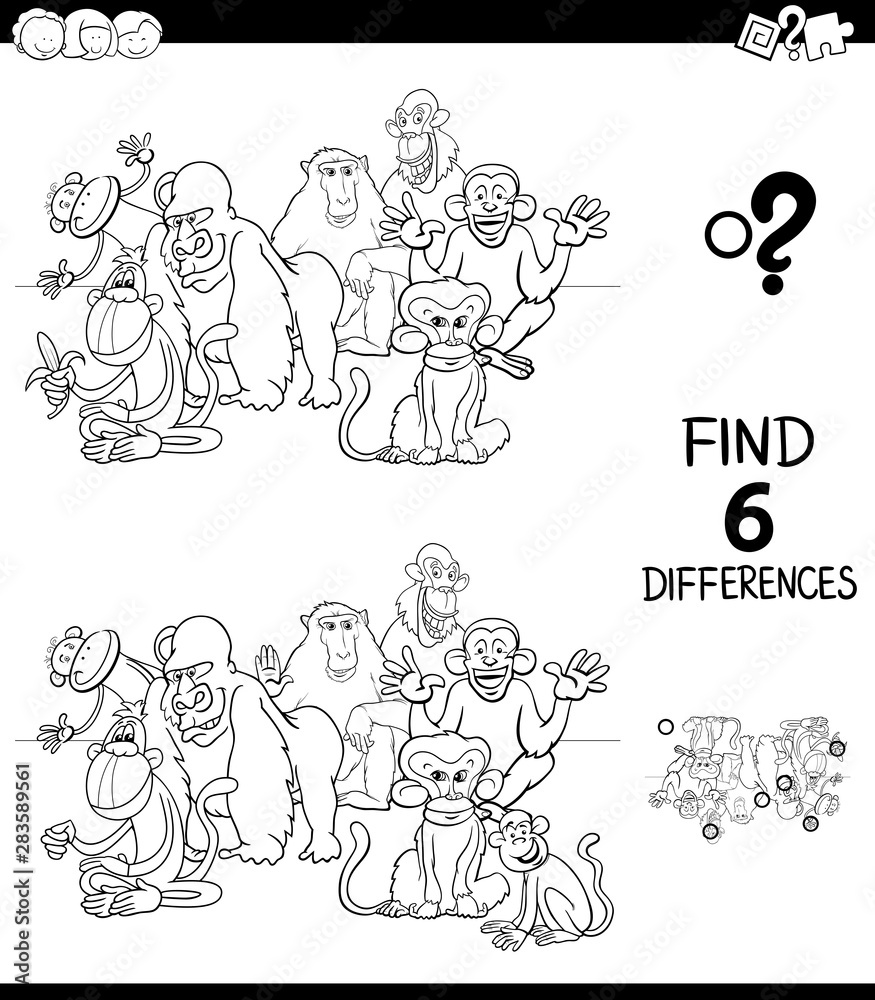 differences color book with monkeys animal characters
