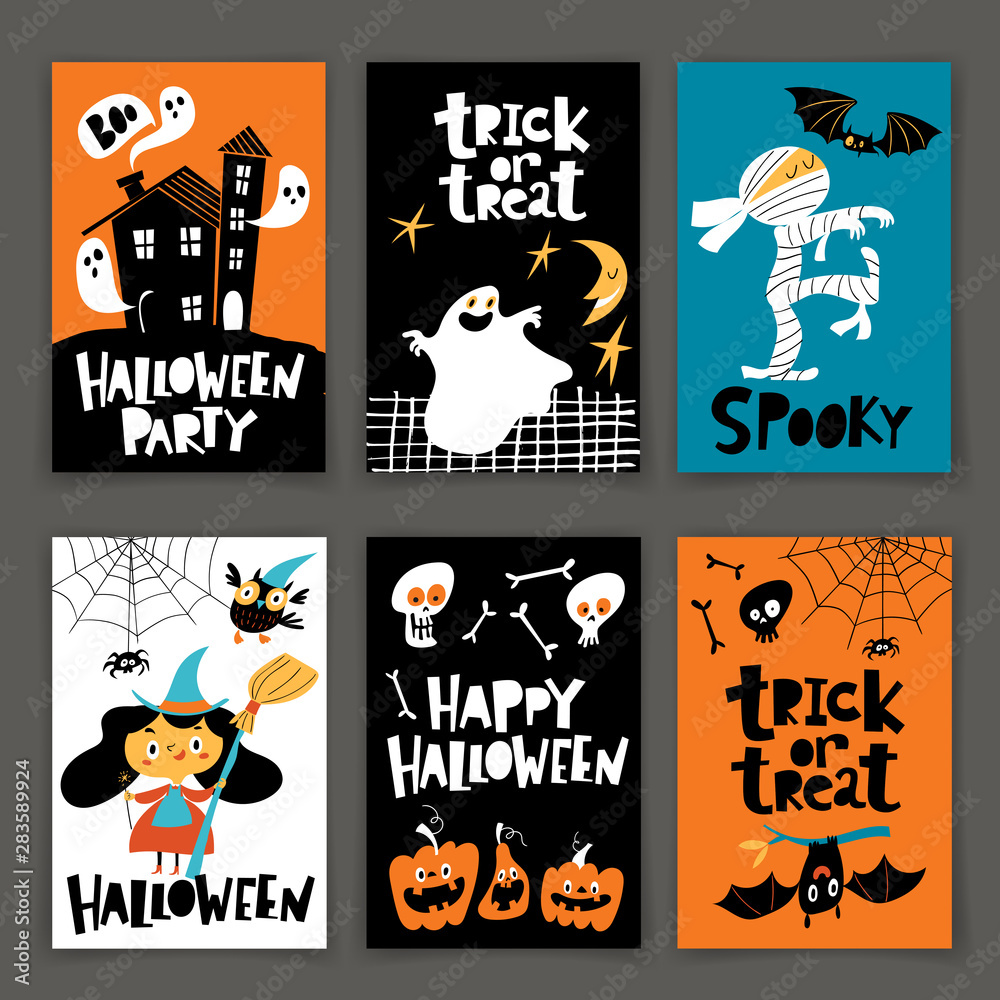 Set of vector Happy Halloween posters in cartoon retro style Set of vector Happy Halloween posters in cartoon retro style