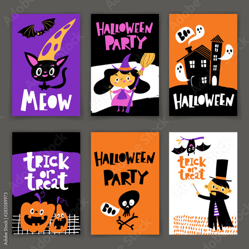 Set of vector Halloween party posters in cartoon flat retro style © Valentyna
