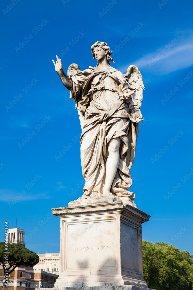 Beautiful Angel with the Nails statue created by Girolamo Lucenti on the 16th century at Sant Angelo Bridge in Rome