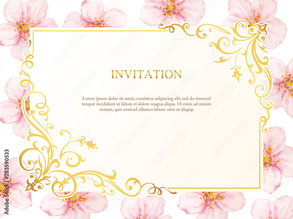 Vintage card with watercolor cherry flowers. Flrame for flowershop with goldem corners. Flowers invitation background