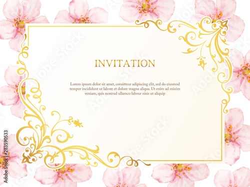 Vintage card with watercolor cherry flowers. Flrame for flowershop with goldem corners. Flowers invitation background