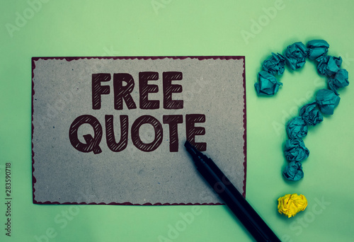 Word writing text Free Quote. Business concept for A brief phrase that is usualy has impotant message to convey Gray paper marker crumpled papers forming question mark green background photo