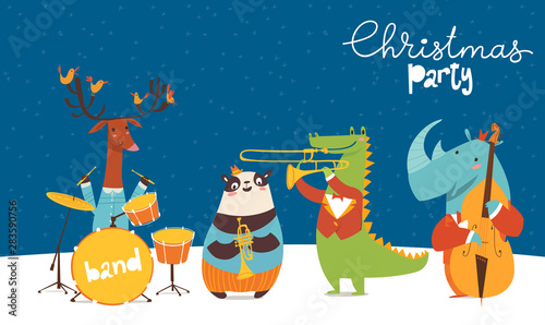 Christmas party vector poster with cute jazz musicians.