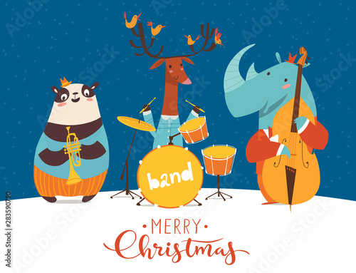 Christmas party vector poster with funny musicians.
