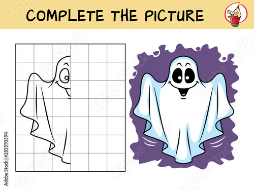 Complete the picture of a halloween ghost. Copy the picture. Coloring book. Educational game for children. Cartoon vector illustration