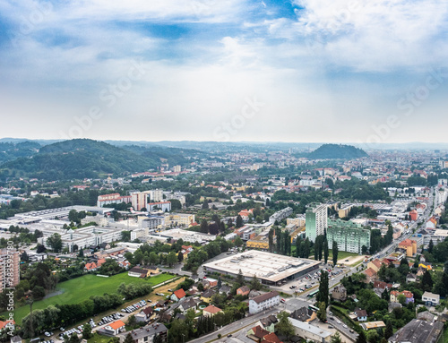 City Graz aerial view with district Gösting and hill Schloßberg © photoflorenzo