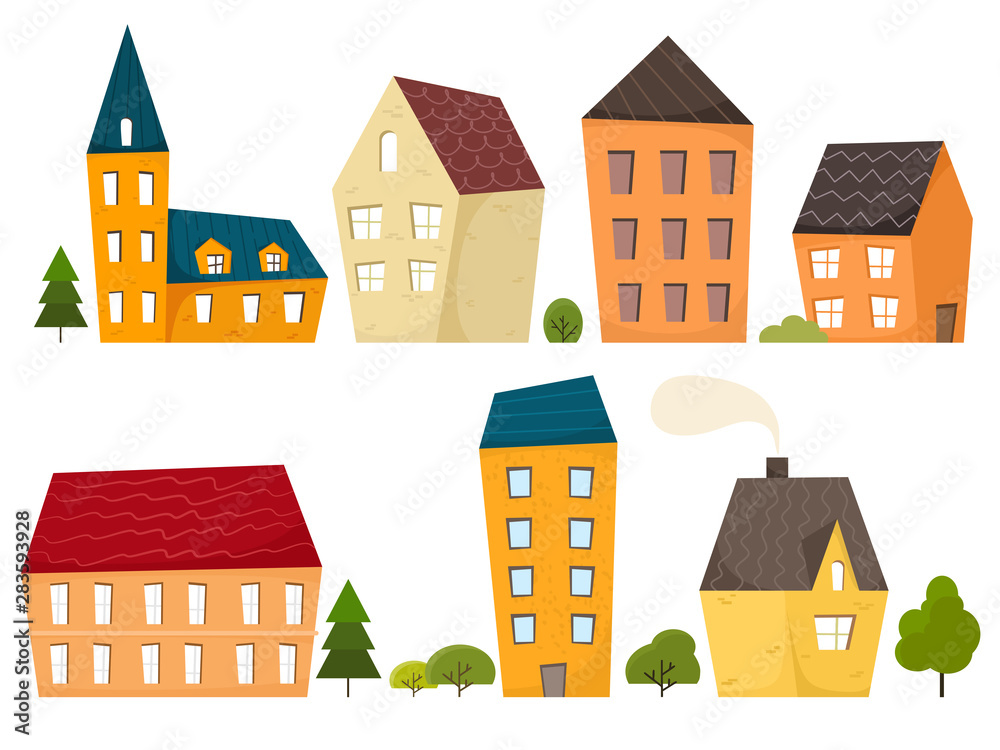 Various small tiny houses, trees and shrubs. Flat design. Hand drawn trendy illustration. Set of vector isolates on a white background.