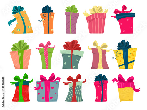 A large set of gift boxes with a ribbon in different shapes. Vector isolates on a white background in cartoon style.