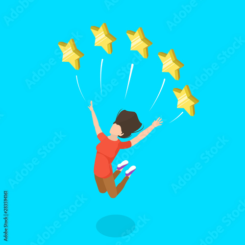 Isometric flat vector concept of five star rating, customer quality evaluation, user feedback, excellent client satisfaction.