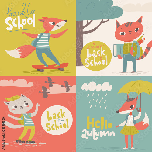 Set of four vector welcome back to school designs with cartoon animals.