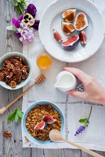 Homemade granola with fresh figs for breakfast