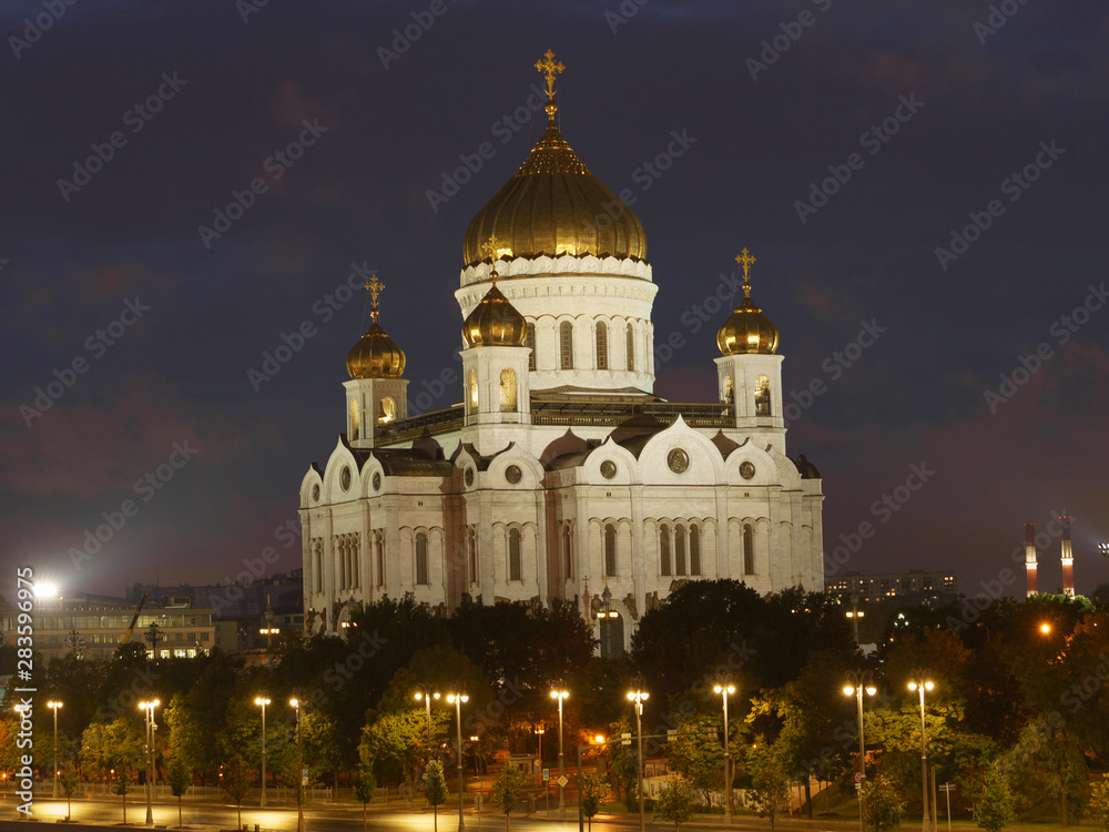 Long exposure image of the Cathedral of Christ the Savior at night summer time. High resolution image. Suitable for touristic guide, poster, greeting card design.