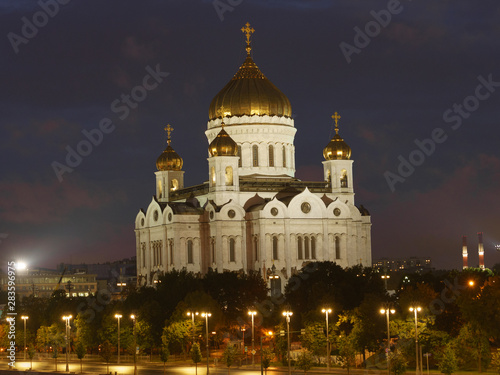 Long exposure image of the Cathedral of Christ the Savior at night summer time. High resolution image. Suitable for touristic guide, poster, greeting card design.