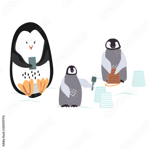 Two cartoon penguins are bulding a snowcastle with bucket and trowel and their mom looking in the mobile telephone. Vector