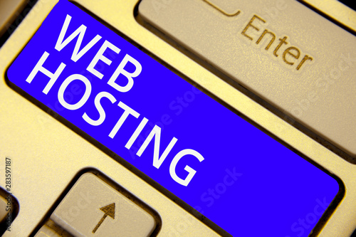 Word writing text Web Hosting. Business concept for The activity of providing storage space and access for websites Keyboard blue key Intention create computer computing reflection document
