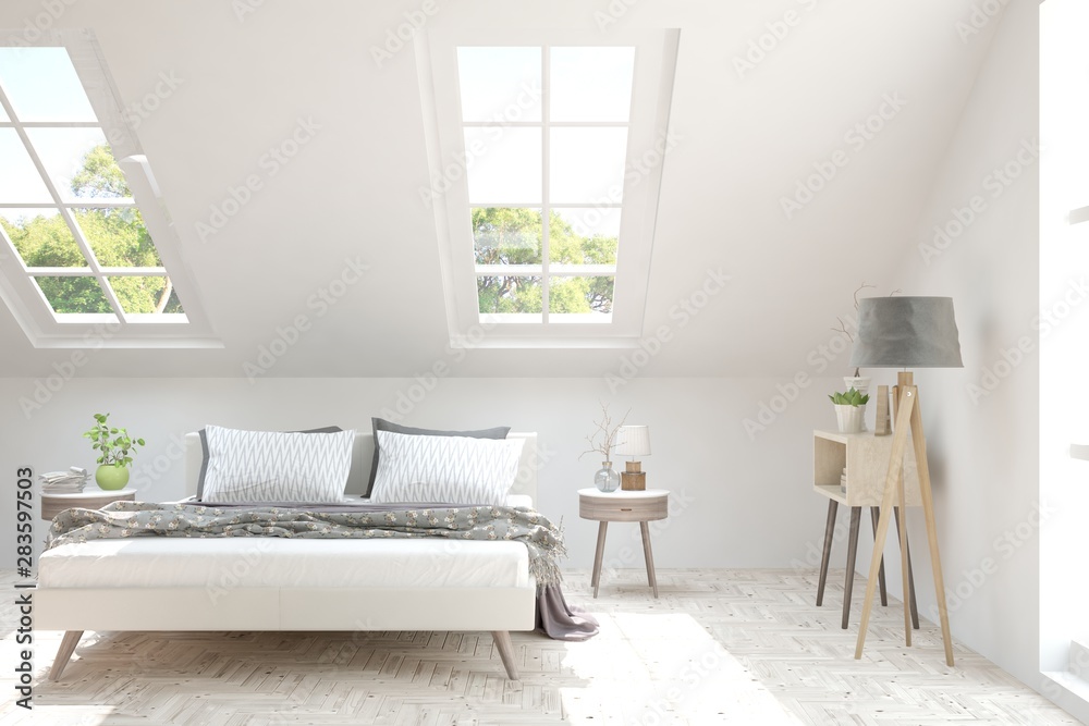 Fototapeta premium Stylish bedroom in white color. Scandinavian interior design. 3D illustration