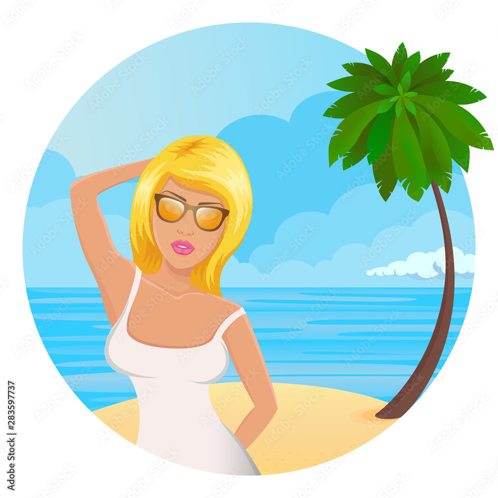 Frau am Strand, mit Sonnenbrille