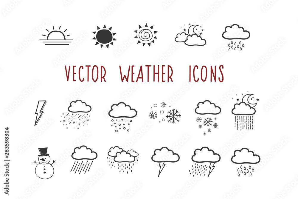 A set of vector weather icons. Doodle-style badge. Illustration by hand. A set of vector weather icons. Doodle-style badge. Illustration by hand.