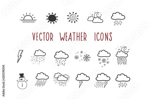 A set of vector weather icons. Doodle-style badge. Illustration by hand.