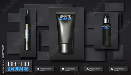 Set Of Black Cosmetic Products Package Design Plastic Package With Blue Element Decorations. Conditioning Shampoo . Gel . Brows Eyes .