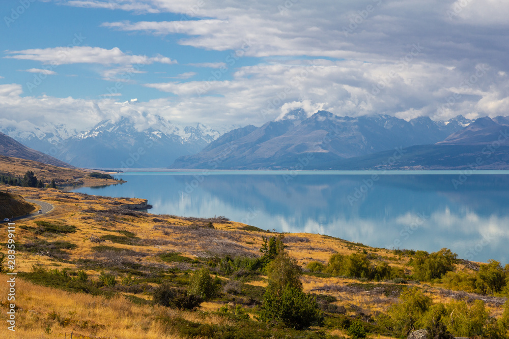 view of Lake Pukaki with Mount Cook reflection, New Zealand view of Lake Pukaki with Mount Cook reflection, New Zealand
