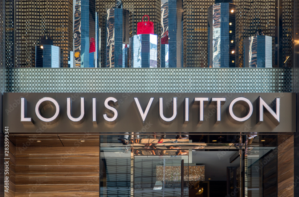 The logo of Louis Vuitton Malletier is seen in Shibuya Ward, Tokyo on  January 19, 2020. Louis Vuitton is a French fashion house and luxury retail  company founded in 1854 by Louis