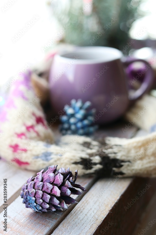 Cup of coffee on the window background, warm scarf, New Year's decor, winter seasonal holidays, Christmas, home comfort concept