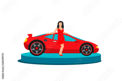 Pretty seller girl in red dress sale new sport car. Auto showroom with vehicle on white background. Vector flat cartoon illustration design shopping poster  banner  flayer  landing page for web site