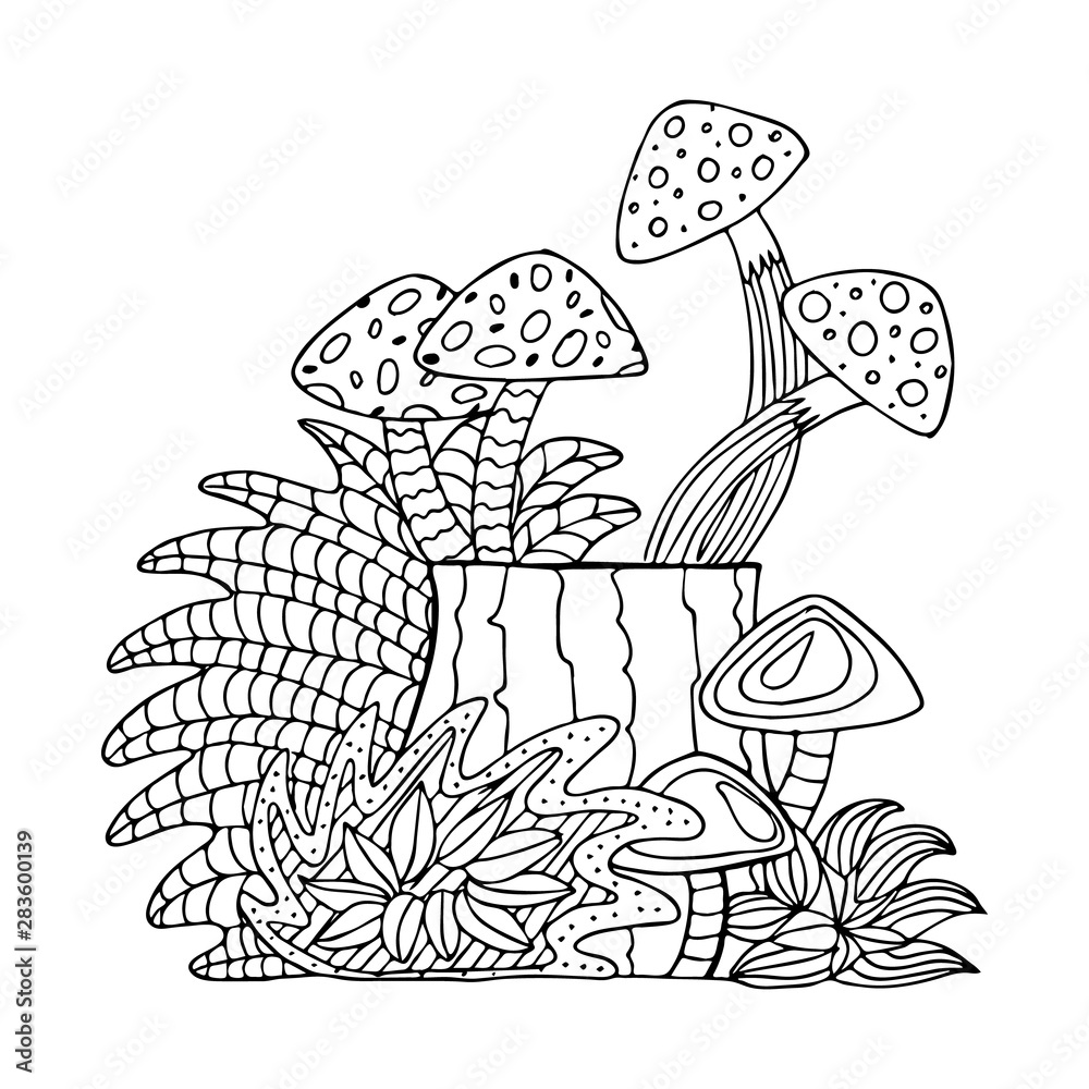Stump and mushrooms. Hand drawn coloring page. Hand drawn vector illustration. Stump and mushrooms. Hand drawn coloring page. Hand drawn vector illustration.