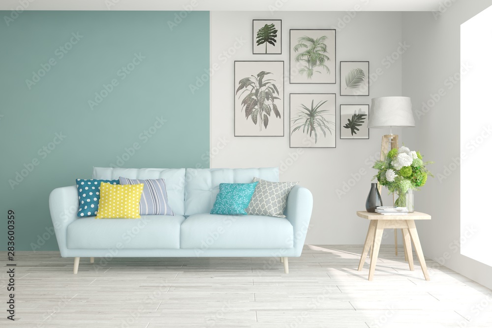 Fototapeta premium Stylish room in white color with sofa. Scandinavian interior design. 3D illustration