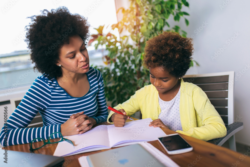 Mother and daughter doing homework learning to calculate Mother and daughter doing homework learning to calculate