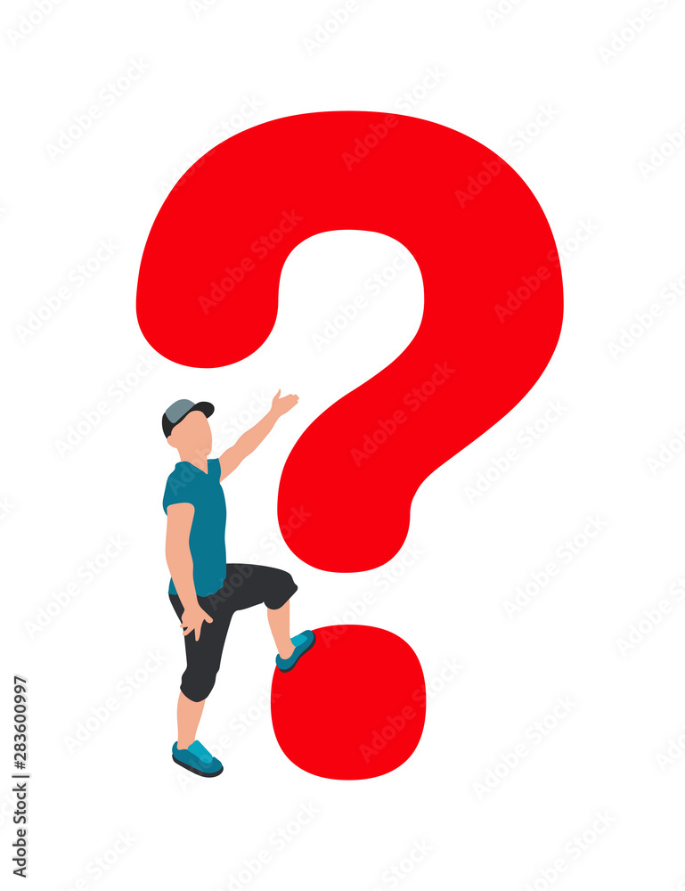 Young man and red question mark. Choosing concept business flat vector illustration on white background. Cartoon business man character with information search sign Young man and red question mark. Choosing concept business flat vector illustration on white background. Cartoon business man character with information search sign