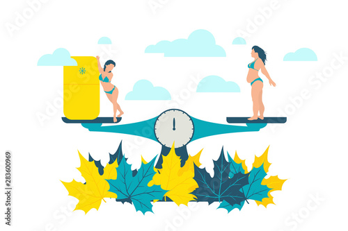 Vector concept flat illustration. Two young woman on scale. Balance slim girl on a diet with a refrigerator and fat on the other side. Сhoice between health, fitness or food, calories, big figure body