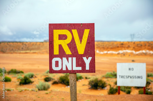 RV only text, Warning sign, blur desert background. Antelope canyon Arizona, USA