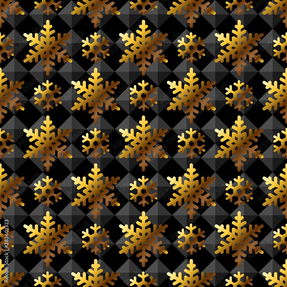 Golden snowflakes on black papper seamless pattern texture background