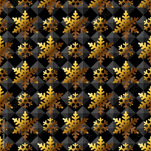 Golden snowflakes on black papper seamless pattern texture background