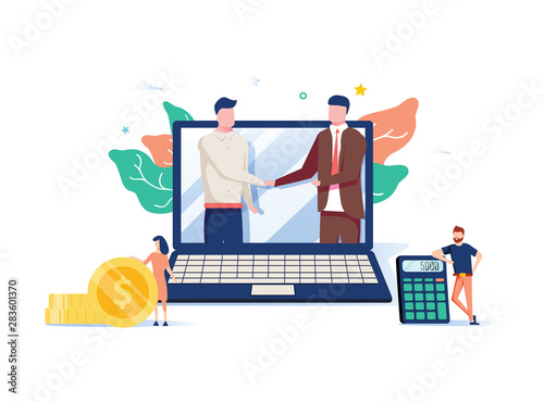 Two business partners shaking hands in big laptop. Online business, Partnership and agreement, with small employ around