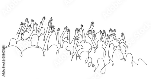 Cheerful crowd cheering illustration. Hands up. Group of applause people continuous one line vector drawing.