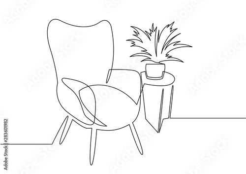 Continuous one line drawing armchair. Stylish office interior, chair and home plant vector hand drawn silhouette clipart.