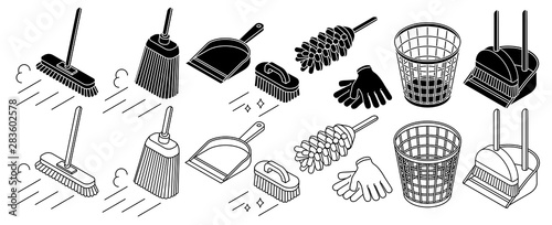 Cleaning tools set, broom, basket trash can thin line icon, isolated on white. Vector illustration.