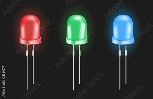 Vector realistic 3d rgb light emitting diodes. Shining eco red, green and blue small LED light bulbs isolated on a black background. Semiconductor diode – electrical component.