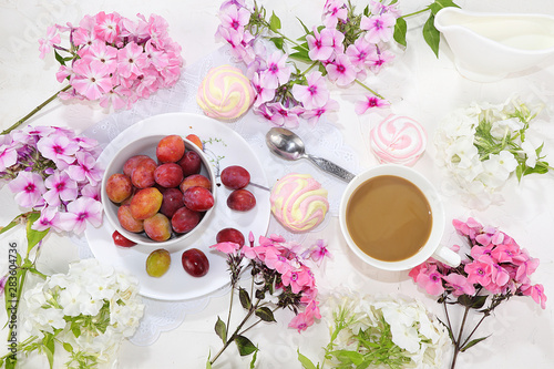 Colorful pink phlox flowers, cups of coffee, fruits and marshmallows on a light table, top view, flat lay, selective focus. Pink flowers on a light background, a gift for loved ones,