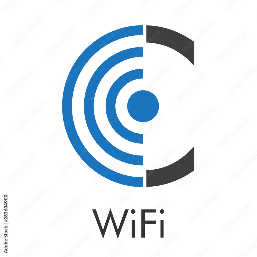 Logotipo abstracto con texto WiFi con letra C con ondas izquierda en azul y gris