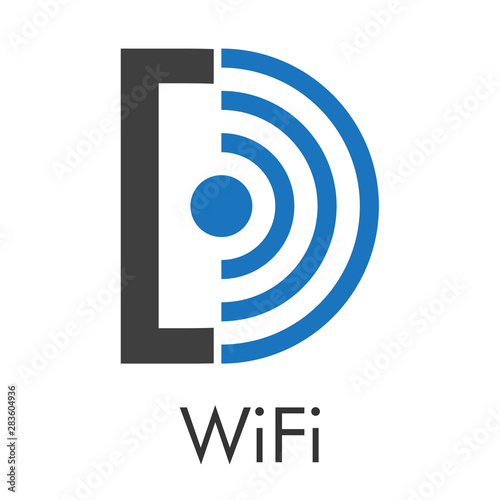 Logotipo abstracto con texto WiFi con letra D con ondas centro en azul y gris