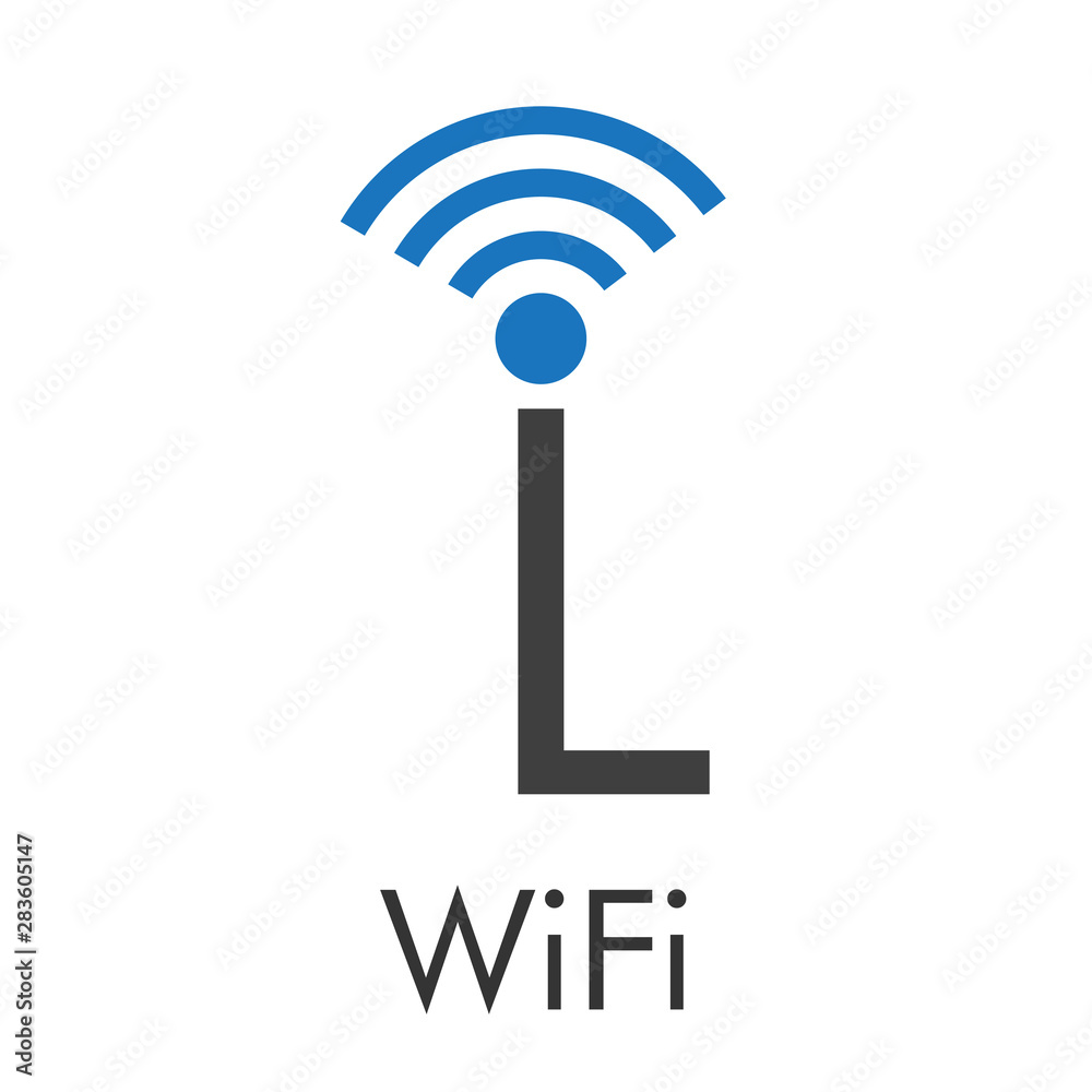 Logotipo abstracto con texto WiFi con letra L con ondas arriba en azul y gris Logotipo abstracto con texto WiFi con letra L con ondas arriba en azul y gris