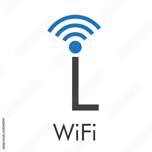 Logotipo abstracto con texto WiFi con letra L con ondas arriba en azul y gris